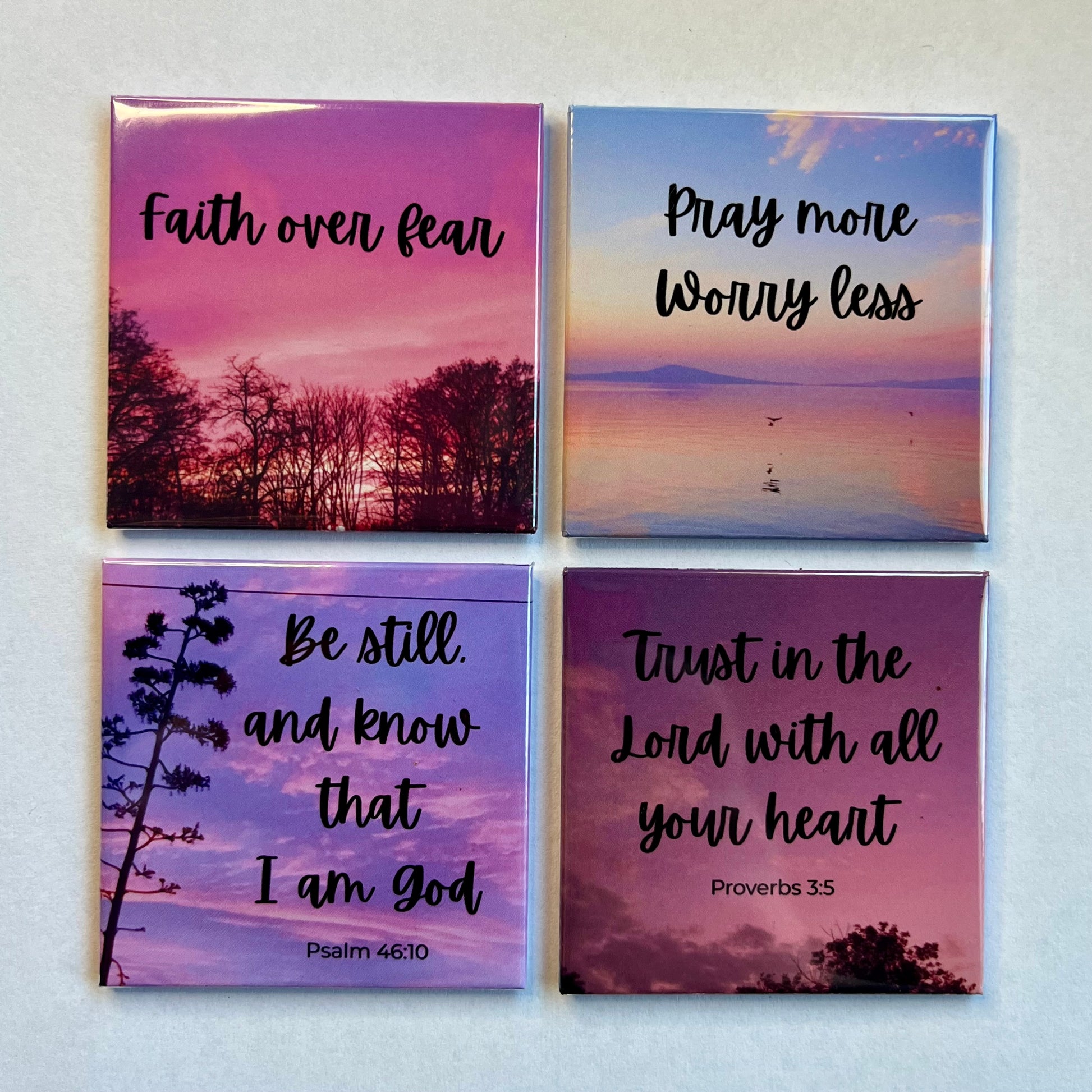Set of four Faith and Encouragement Christian magnets displayed on a white background