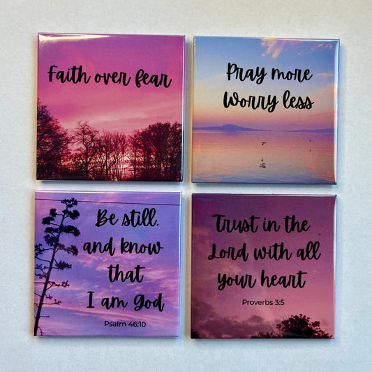 Set of four Faith and Encouragement Christian magnets displayed on a white background