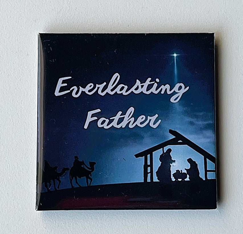 Isaiah 9:6 Scripture magnet featuring the name Everlasting Father on a nativity scene background
