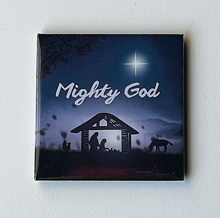 Isaiah 9:6 Scripture magnet featuring the name Mighty God on a nativity scene background
