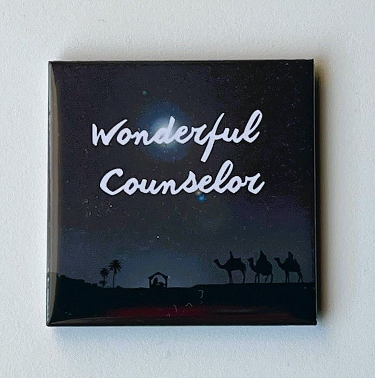 Isaiah 9:6 Scripture magnet featuring the name Wonderful Counselor on a nativity scene background
