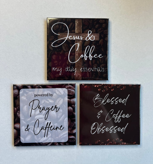 Set of three Jesus and coffee Christian magnets displayed on a white background