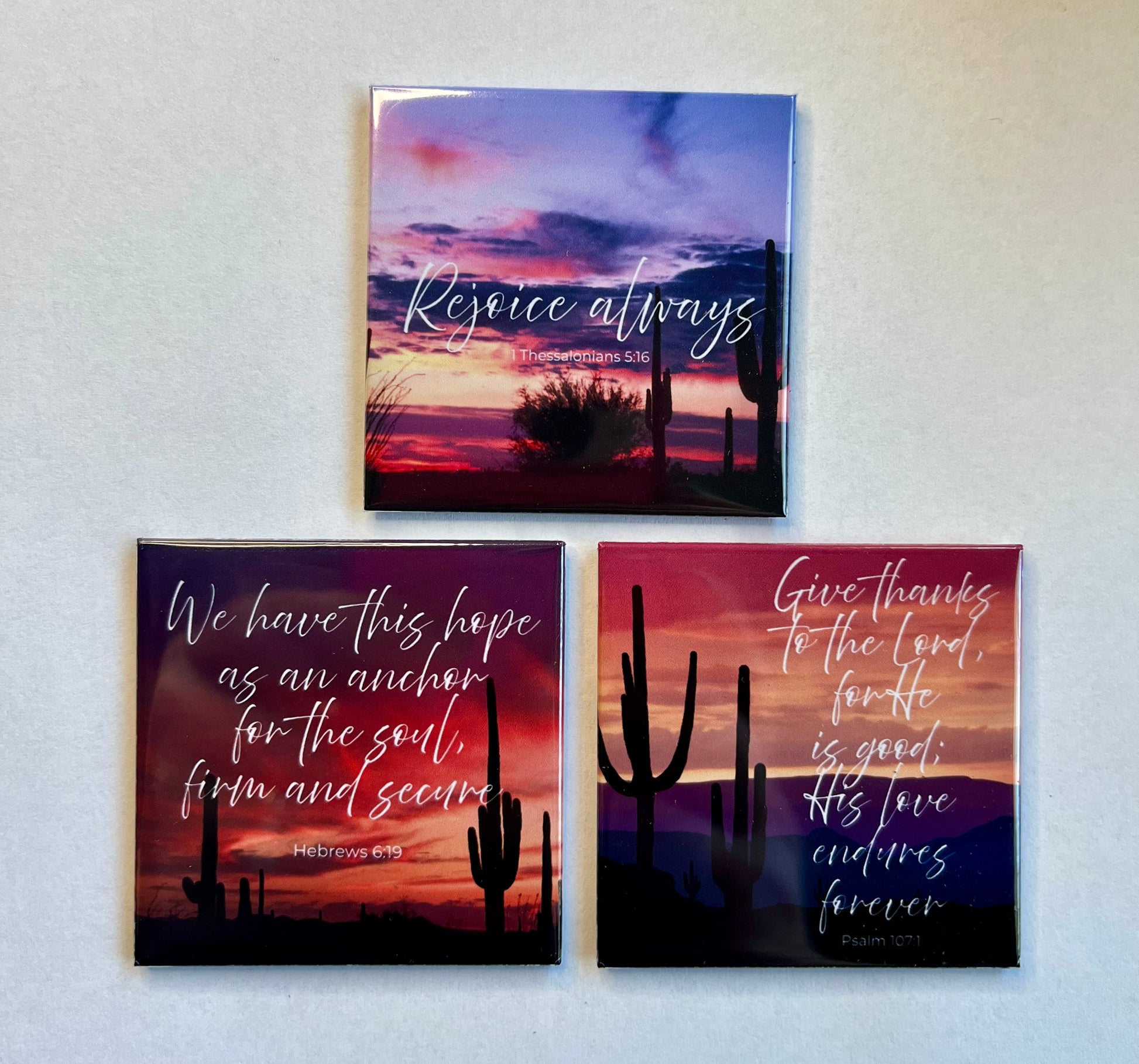 Set of three Joy and Gratitude Christian scripture magnets displayed on a white background