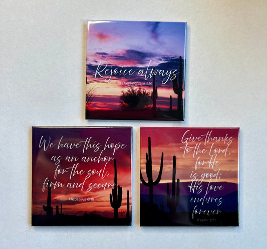 Set of three Joy and Gratitude Christian scripture magnets displayed on a white background