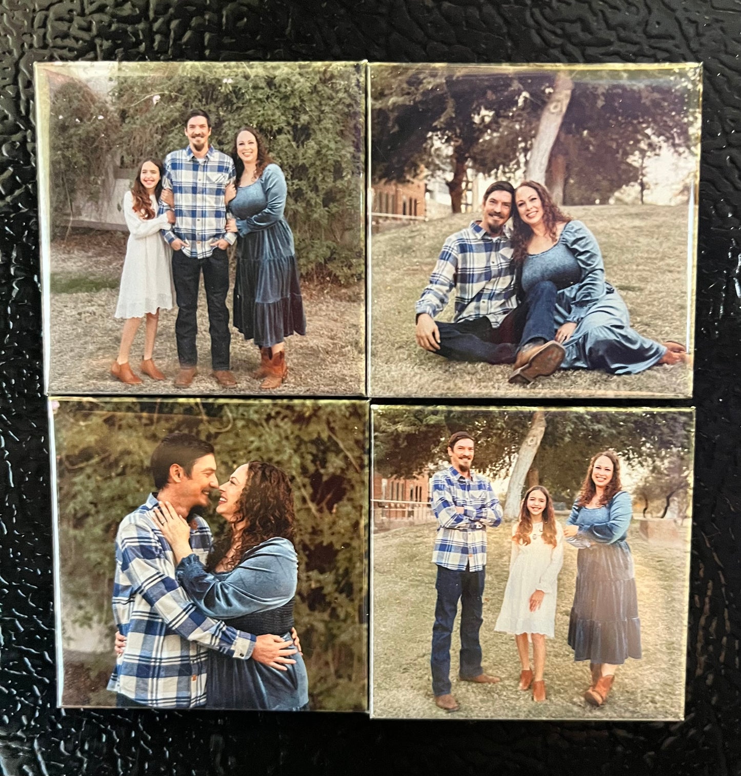 Set of 4 custom photo magnets on a fridge displaying family photos
