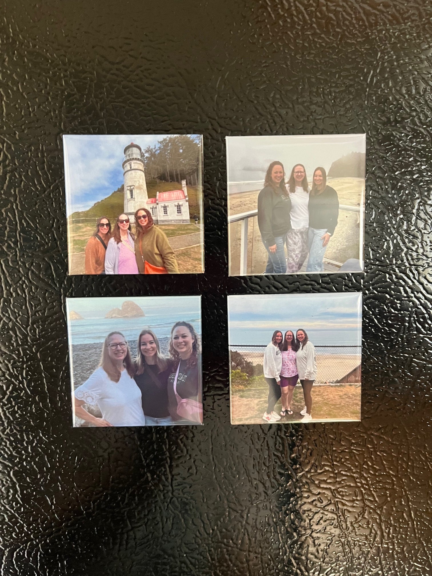 Set of 4 personalized photo magnets on a refrigerator showing a mom and her two daughters on vacation
