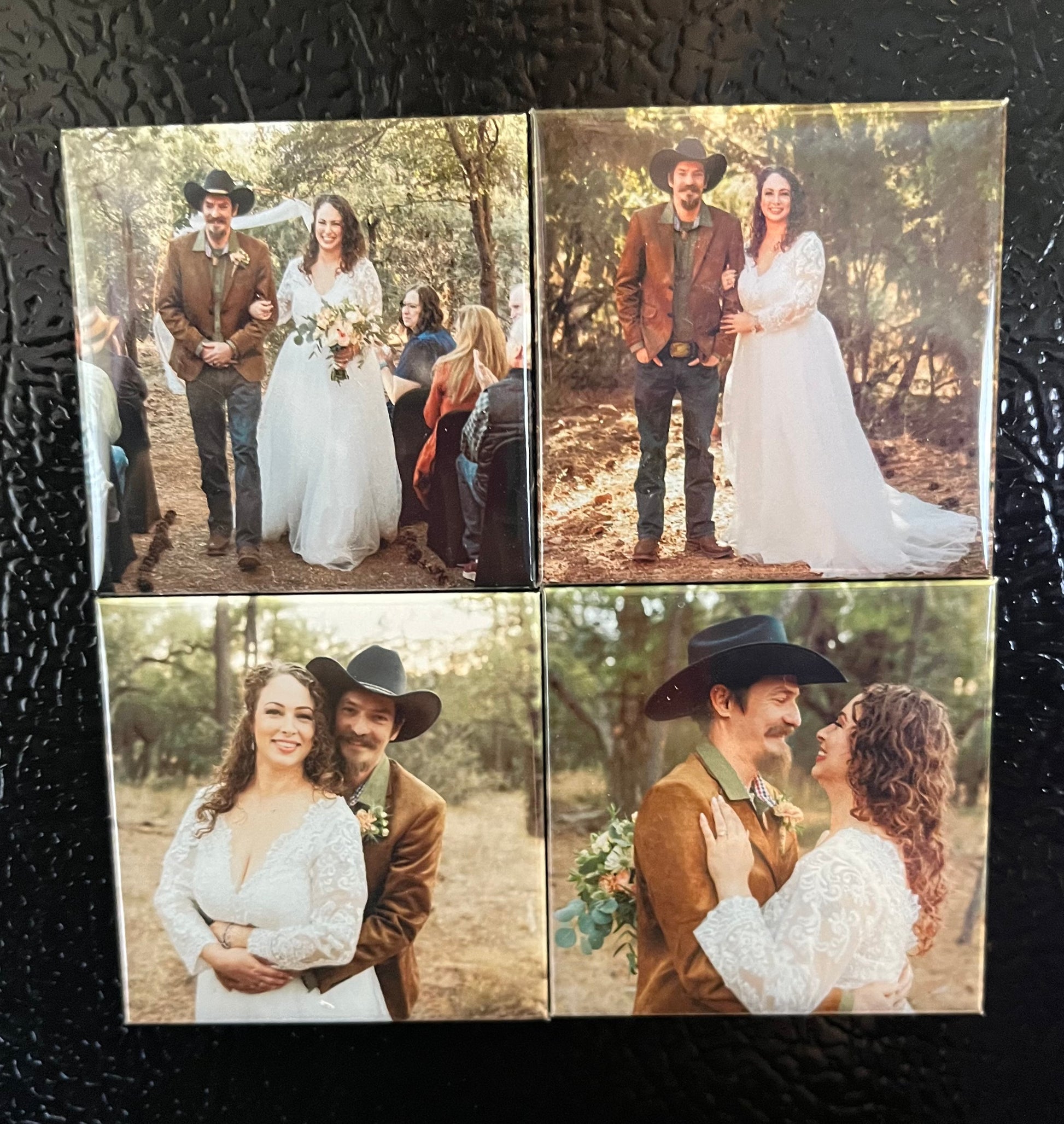 Set of 4 handmade photo magnets on a refrigerator showcasing wedding photos
