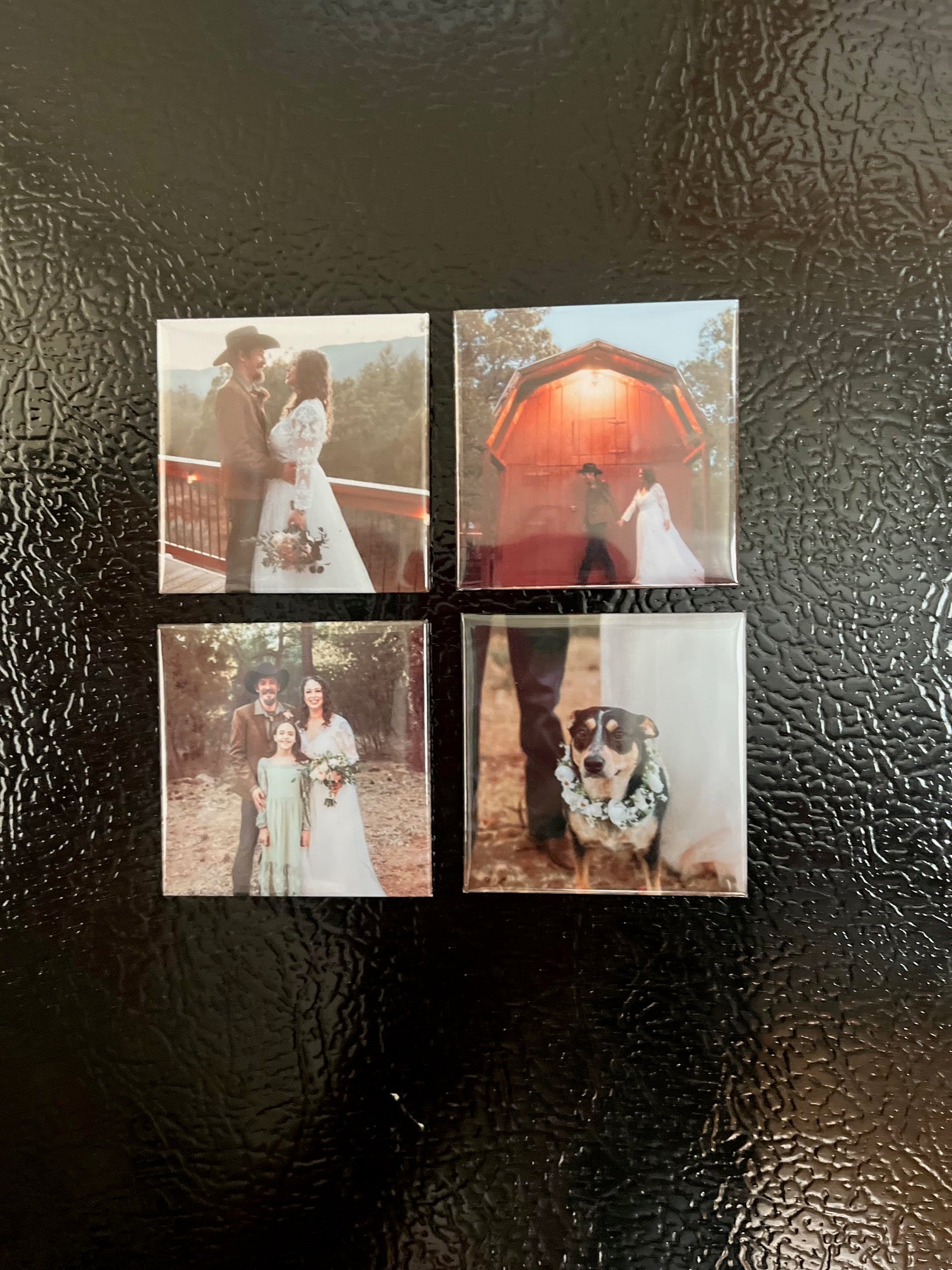 Set of 4 custom 2x2 photo magnets on a fridge displaying different wedding photos from the same wedding as previous photo

