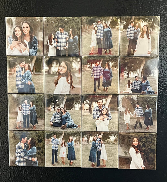 Set of 16 custom photo magnets on a fridge showing family photos
