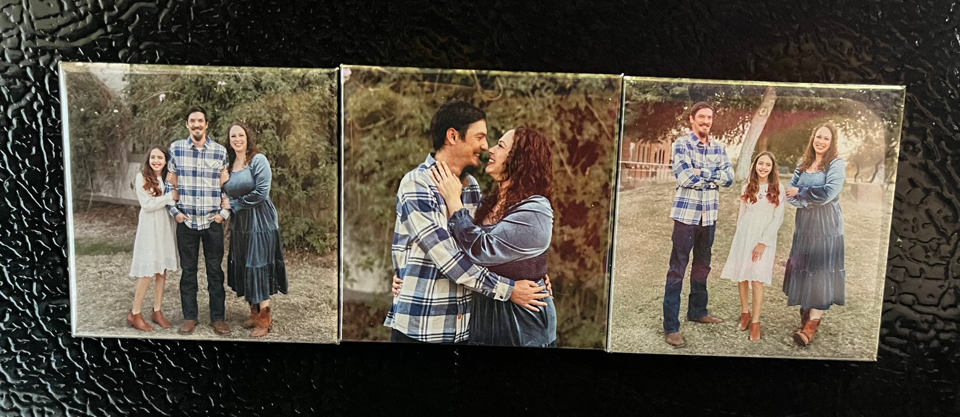 Set of 3 custom photo magnets on a fridge displaying family photos
