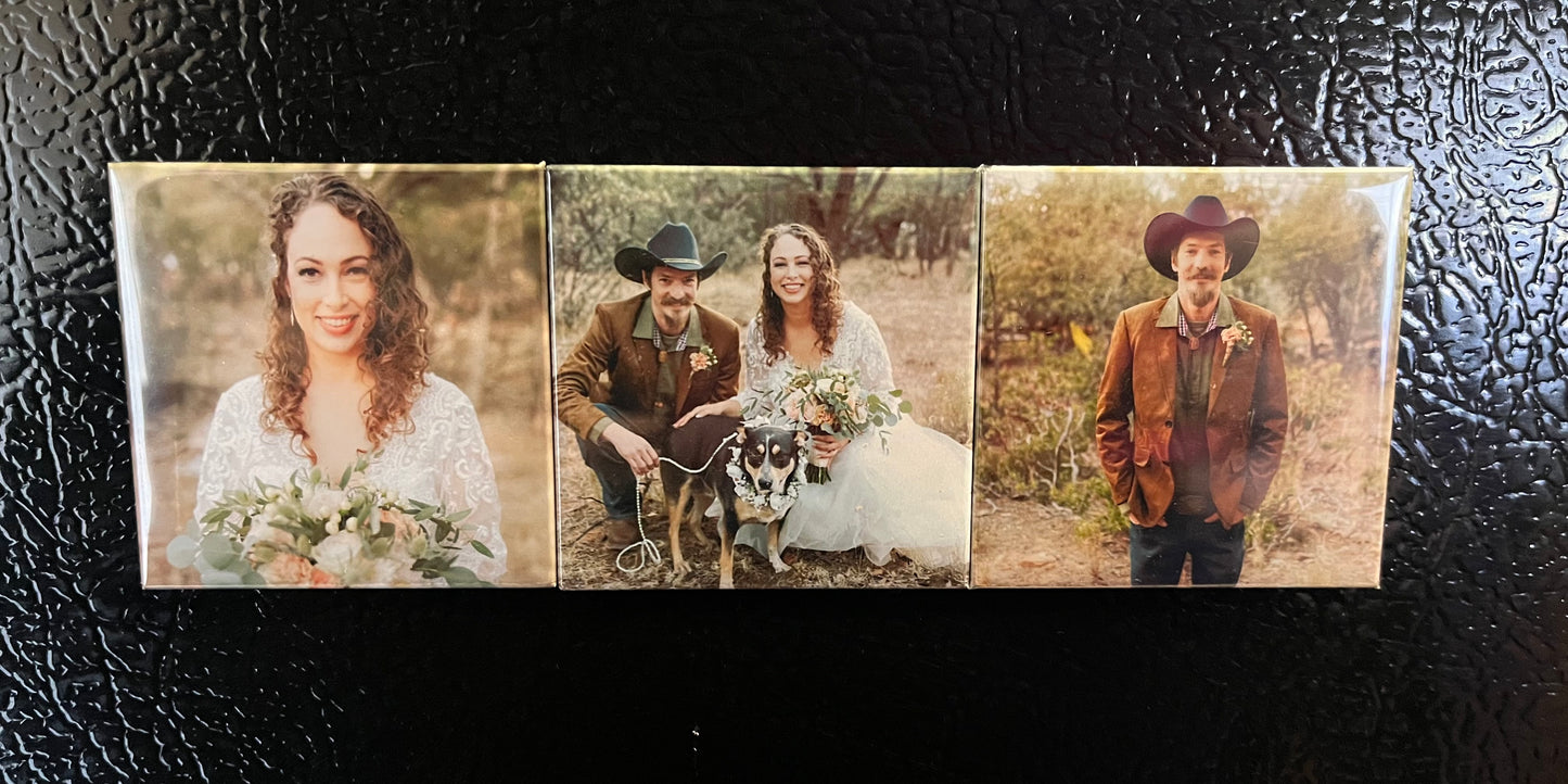 Set of 3 handmade photo magnets on a refrigerator featuring wedding photos
