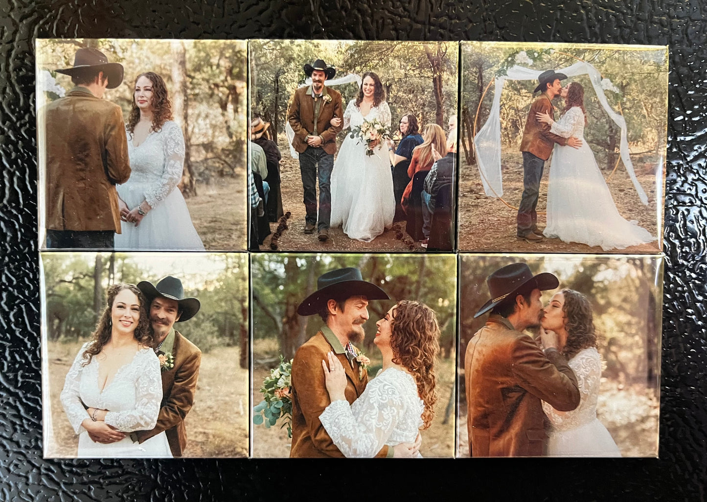 Set of 6 personalized photo magnets on a fridge showing wedding photos
