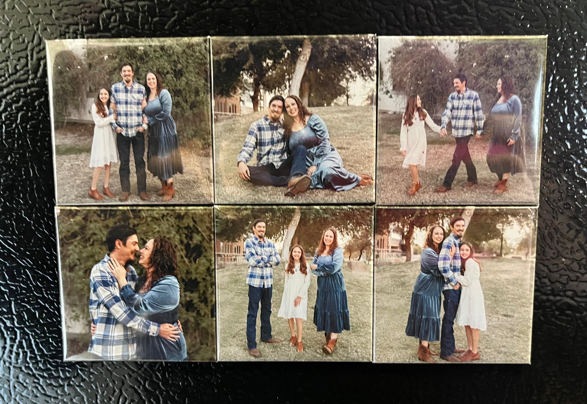 Set of 6 handmade photo magnets on a refrigerator featuring family photos
