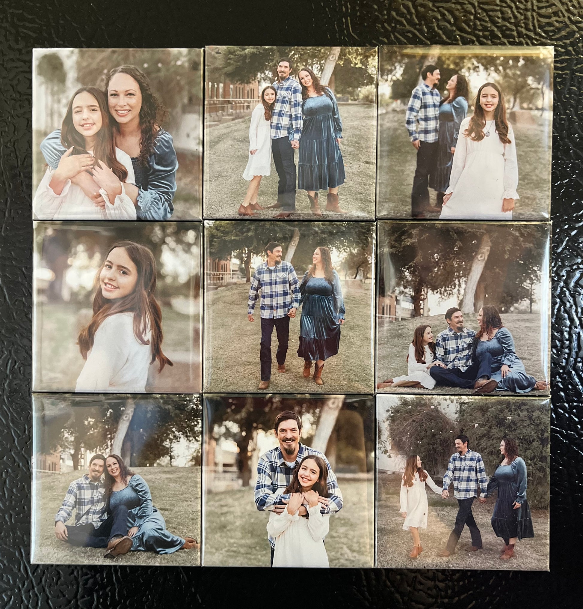 Set of 9 custom photo magnets on a fridge displaying family photos
