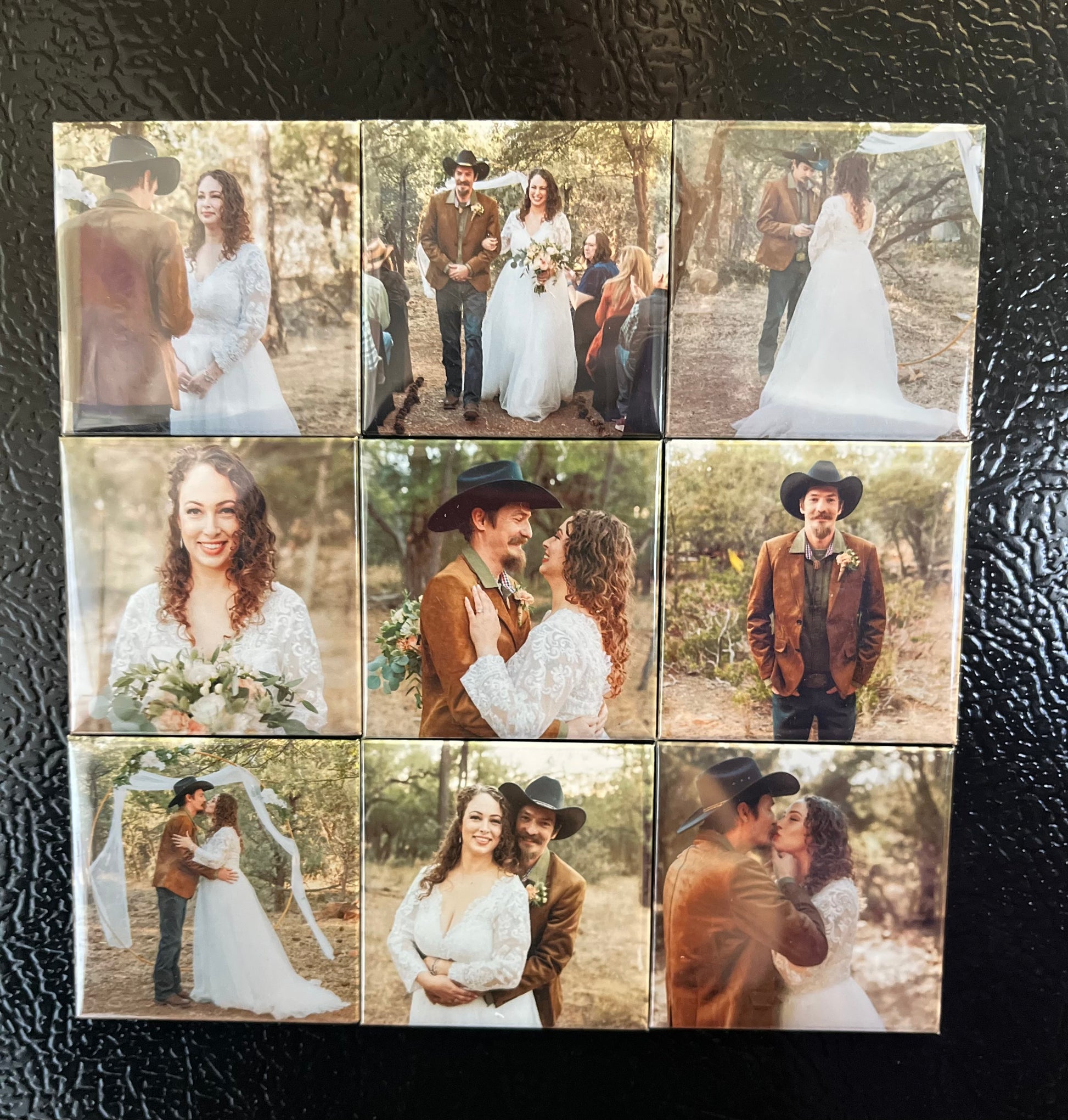 Set of 9 personalized 2x2 photo magnets on a refrigerator showing wedding photos

