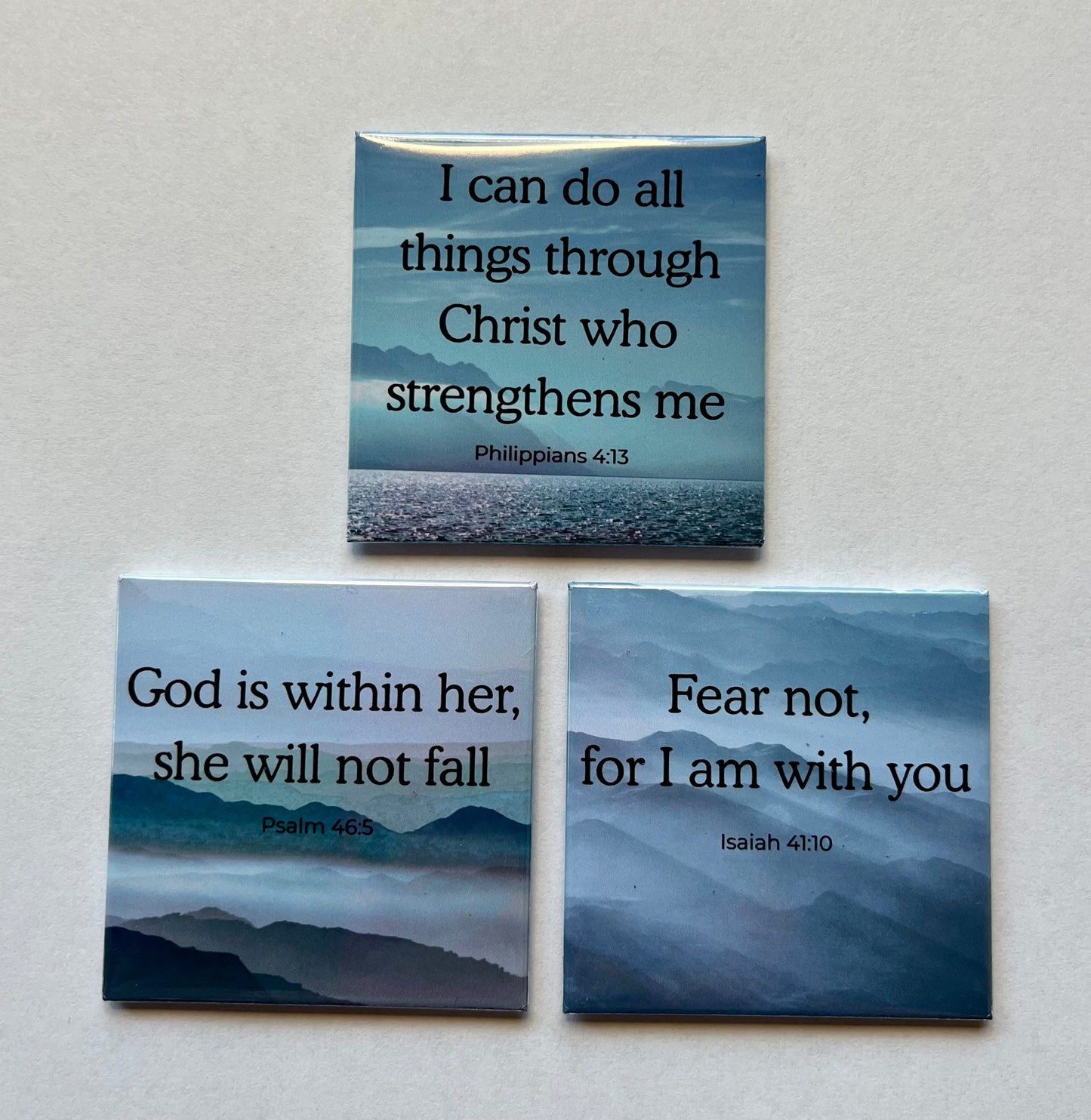 Set of three Strength and Comfort Christian scripture magnets displayed on a white background